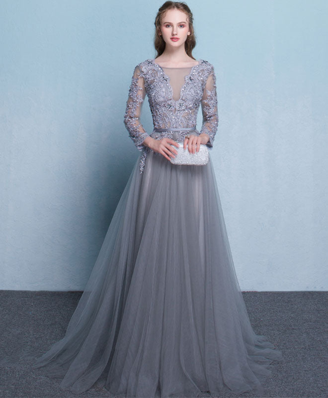 Gray Round Neck Lace Tulle Long Prom Dress, Gray Lace Evening Dress