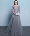 Gray Round Neck Lace Tulle Long Prom Dress, Gray Lace Evening Dress