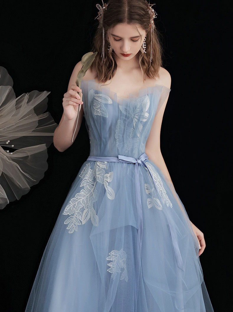 Blue Tulle Lace Tea Length Prom Dress, Lace Tulle Formal Dress