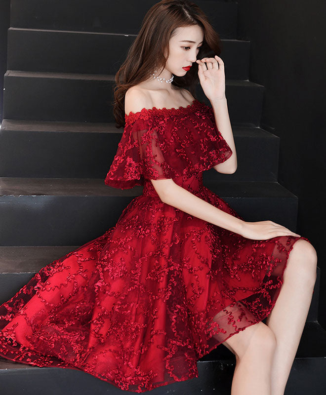 Burgundy Tulle Lace Short Prom Dress Burgundy Homecoming Dress