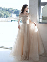 Champagne  Tulle Beads Long Prom Dress Champagne Formal Dress