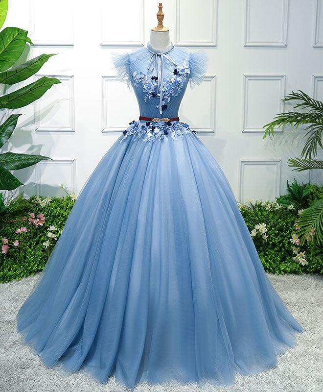 Blue High Neck Tulle Blue Long Prom Dress, Blue Evening Dress – shopluu