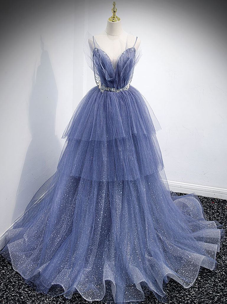Blue V Neck Tulle Sequin Long Prom Dress, Blue Tulle Formal Dress