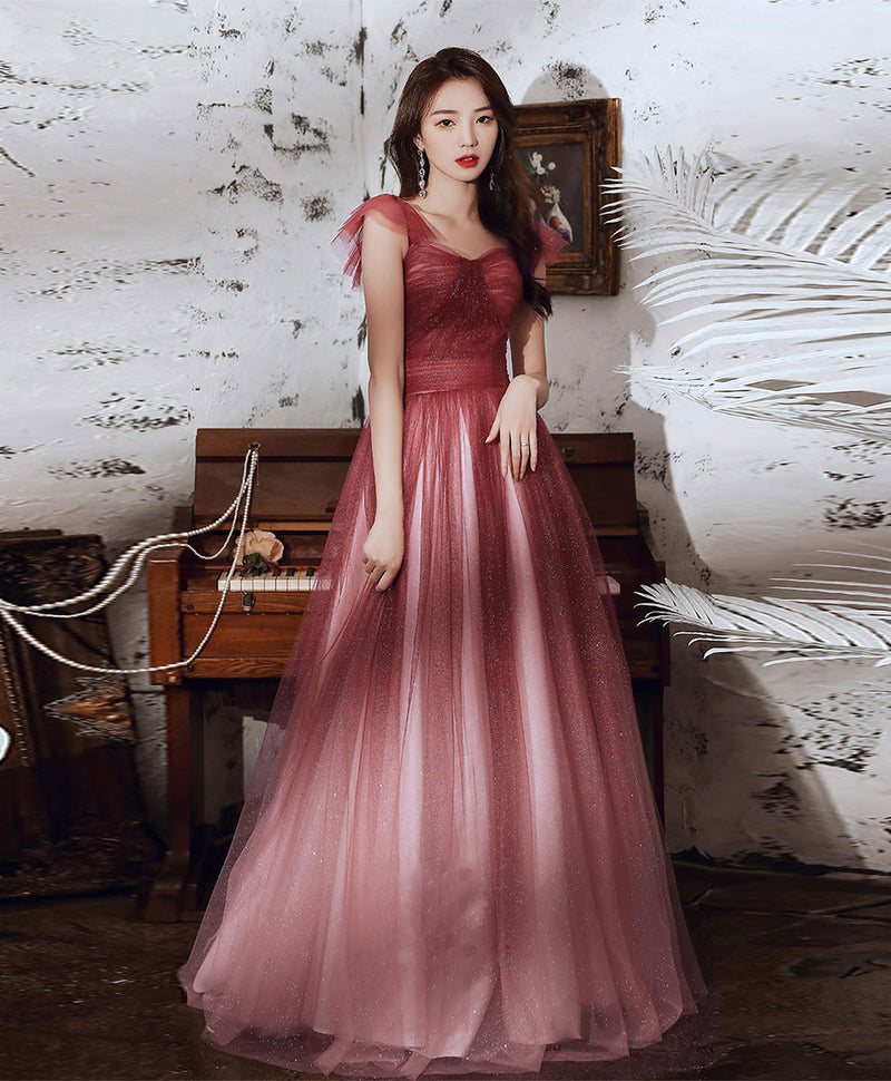 Simple Sweetheart Tulle Sequin Long Prom Dress, Aline Burgundy Formal Dress