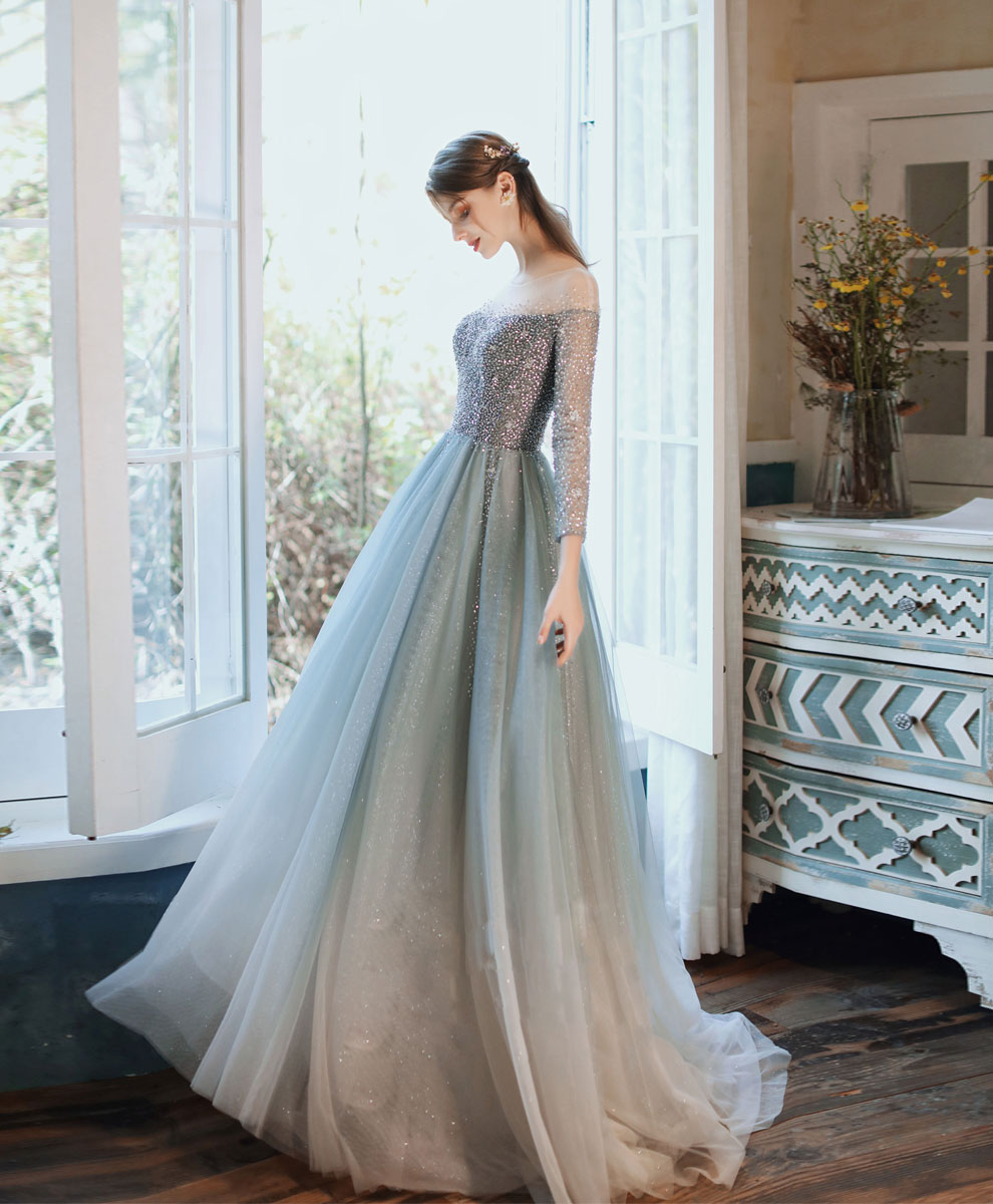 A-Line Tulle Sequin Long Prom Dress Tulle Formal Dress