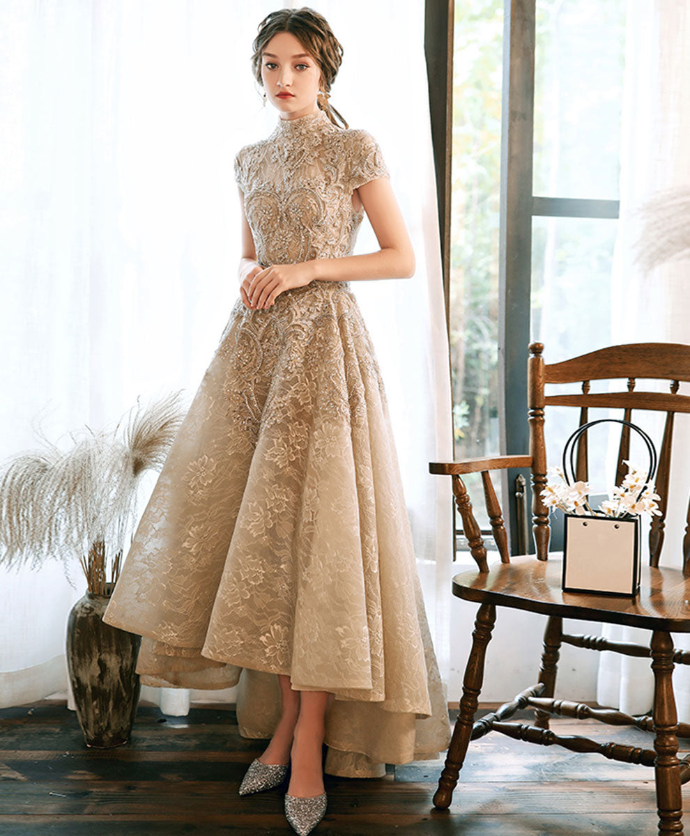 Cute Lace Short Sleeve High Low Prom Dress, A-Line High Neck Evening Party Dress US 14 / Same As Picture Cute Lace Short Sleeve High Low Prom Dress, A-Line High Neck Evening Party Dress US 14 / Same As Picture