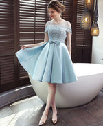 Satin Scoop Neck Lace Blue Short Prom Dresses, Blue Homecoming Dresses
