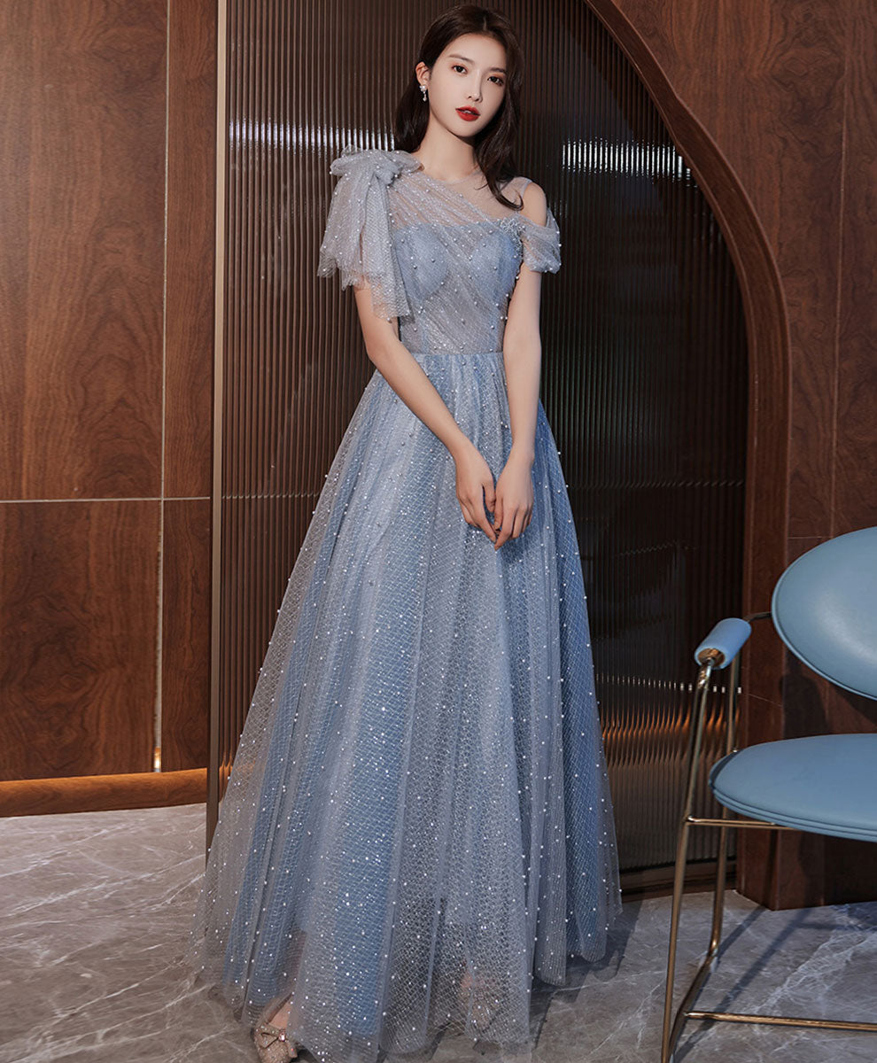 Blue One Shoulder Tulle Long Prom Dress Blue Tulle Formal Dress