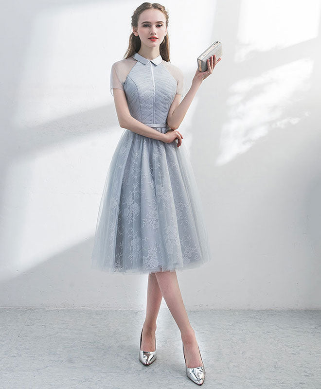 A-Line Gray Tulle Lace Short Prom Dress, Gray Homecoming Dress