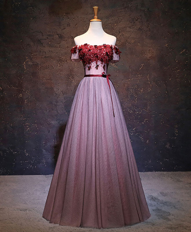 Pink Tulle Lace Applique Long Prom Dress, Burgundy Lace Evening Dress