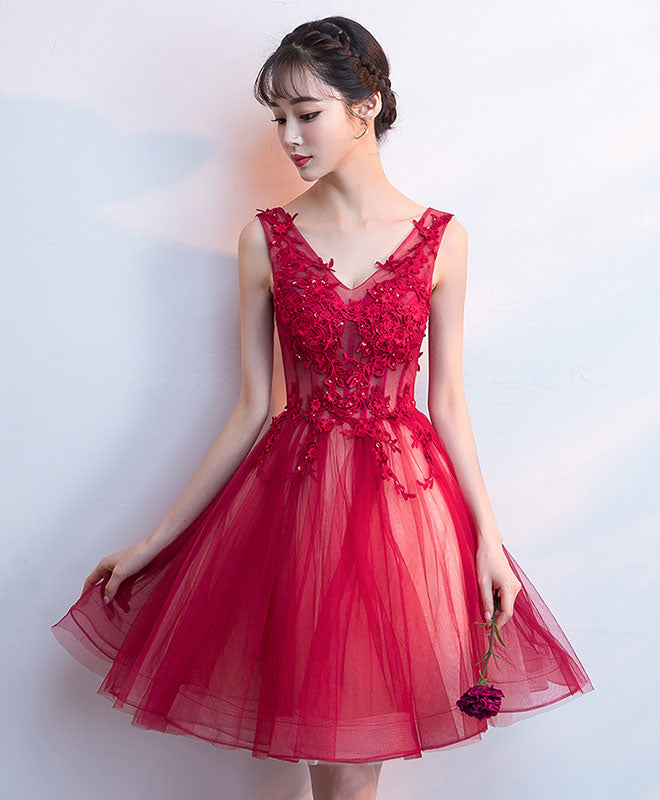 Burgundy V Neck Tulle Lace Short Prom Dress, Burgundy Homecoming Dress