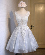 Gray Tulle Lace Applique Short Prom Dress, Gray Homecoming Dresses