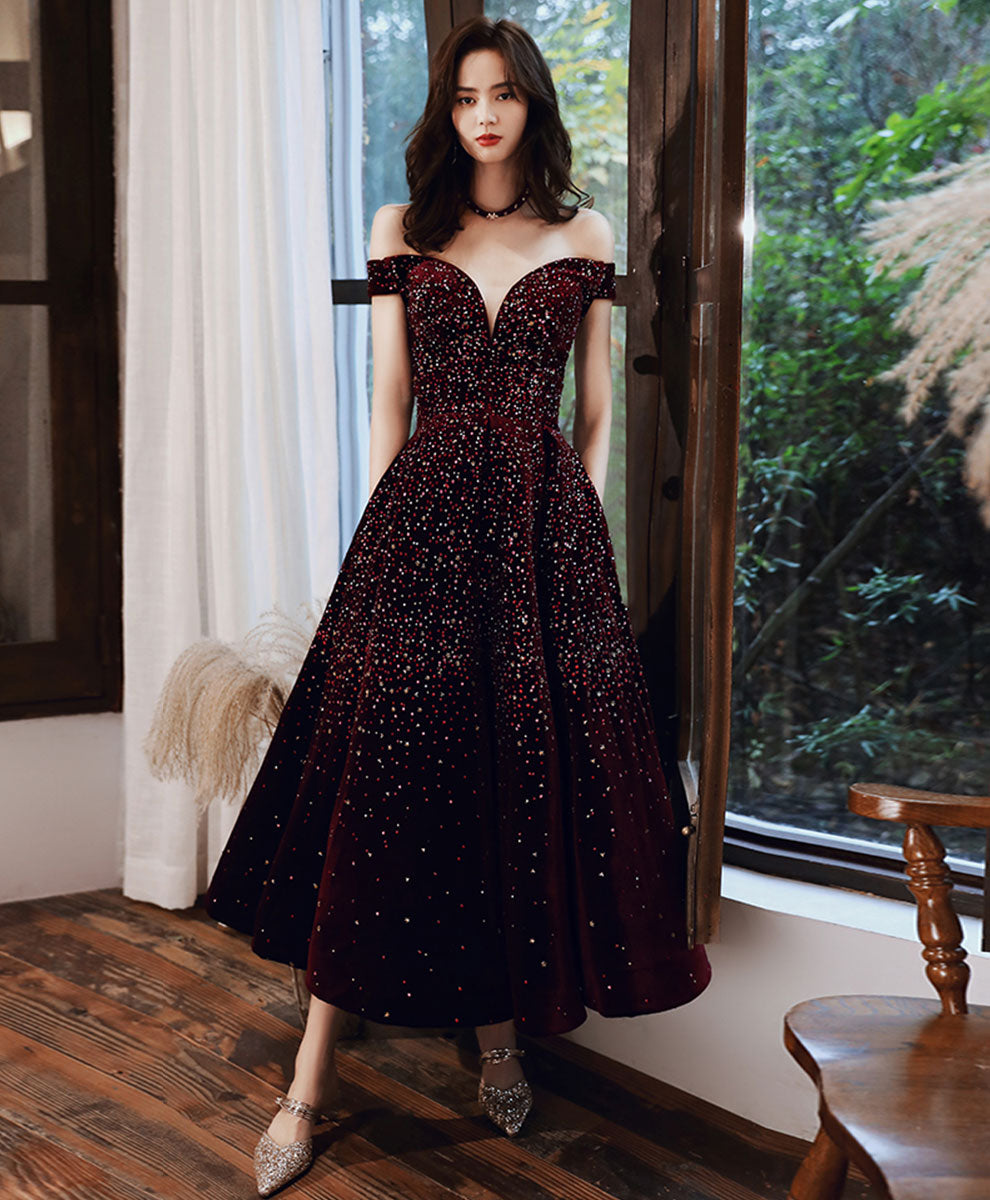 Aline Velvet Sequin Tea Length Burgundy Prom Dress, Burgundy Homecomin – shopluu