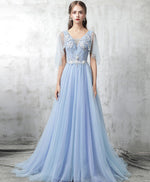 Blue V Neck Tulle Lace Applique Long Prom Dress, Blue Evening Dress
