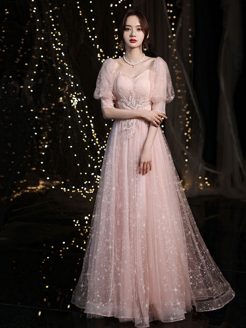 Pink Tulle Long Prom Dress, Pink Tulle Evening Dress