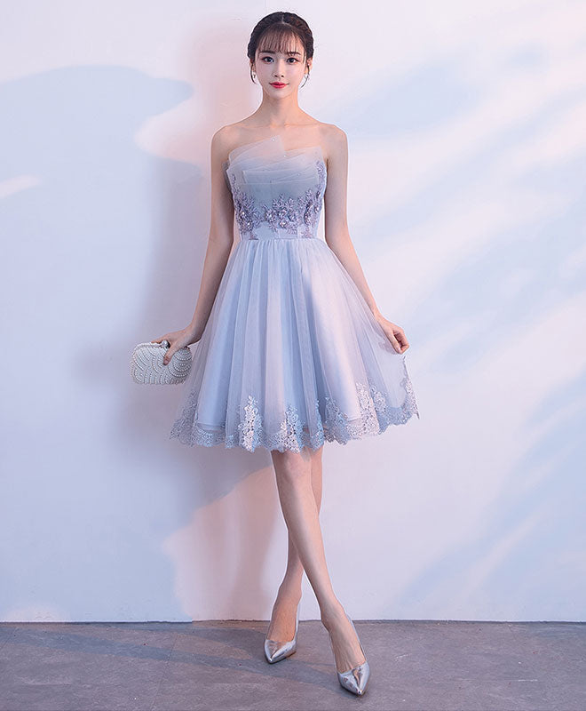 Gray Tulle Lace Applique Short Prom Dress, Gray Homecoming Dress