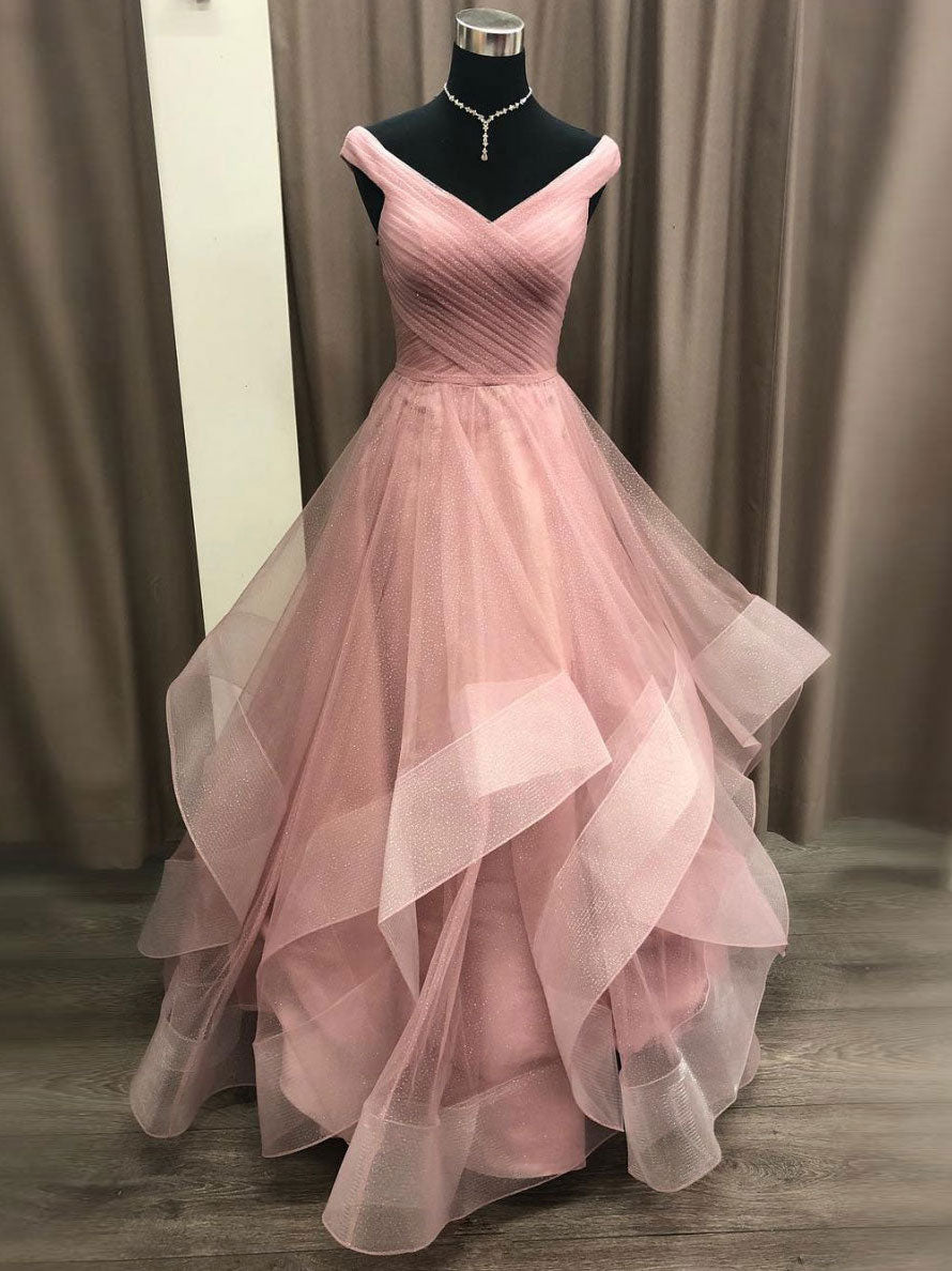 Simple V Neck Tulle Long Pink Prom Dress, Pink Tulle Formal Dresses US 16 / Pink