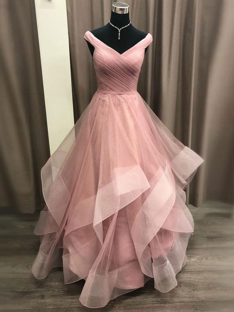 Simple V Neck Tulle Long Pink Prom Dress, Pink Tulle Formal Dresses