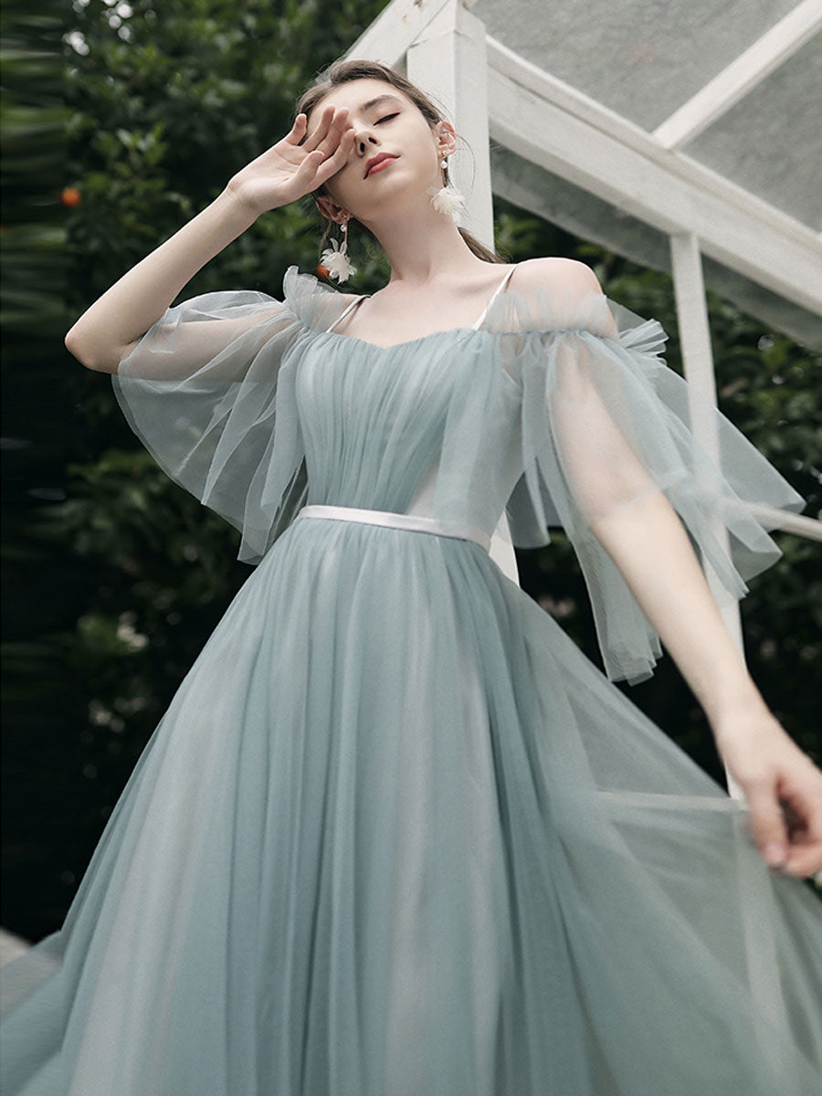 Simple A line Green Tulle Long Prom Dress, Green Tulle Bridesmaid Dresses