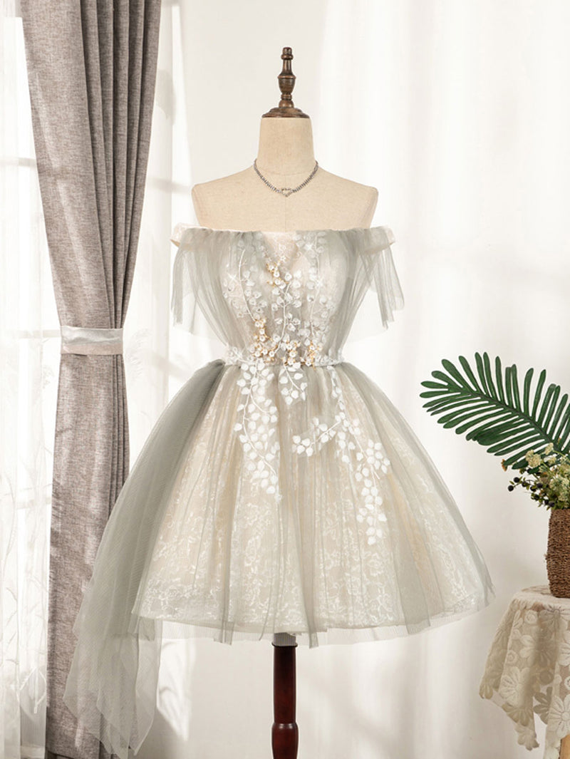 Cute Gray Tulle Lace Short Prom Dress, Gray Tulle Puffy Homecoming Dress