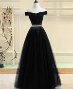 Black Tulle Sequin Long Prom Dress, Black Tulle Evening Dress
