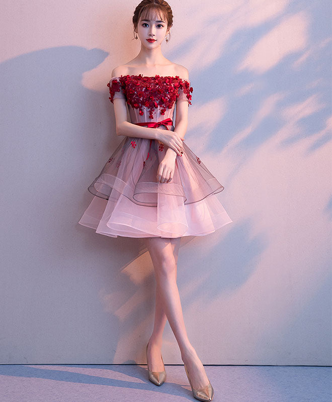 Pink Tulle Lace Short Prom Dress, Pink Tulle Homecoming Dress