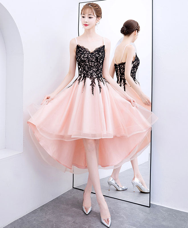 Pink V Neck Tulle Lace Short Prom Dress, Pink Homecoming Dress