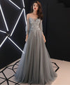 Gray Sweetheart A-Line Tulle Lace Long Prom Dress, Gray Evening Dress