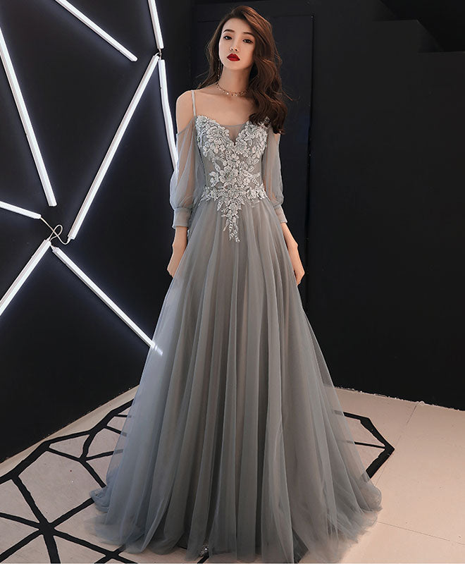 Gray Sweetheart A-Line Tulle Lace Long Prom Dress, Gray Evening Dress Custom Size / Gray