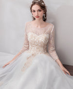 White Round Neck Tulle Lace Long Prom Dress Lace Formal Dress