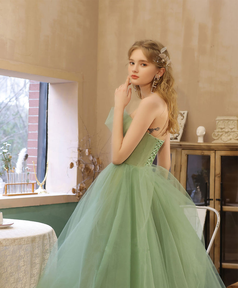 shopluu Aline Tulle Tea Length Green Prom Dress, Green Puffy Homecoming Dresses with Lace Applique Beading US 8 / Custom Color