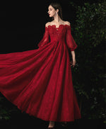 Burgundy Round Neck Tulle Lace Prom Dress, Burgundy Evening Dress