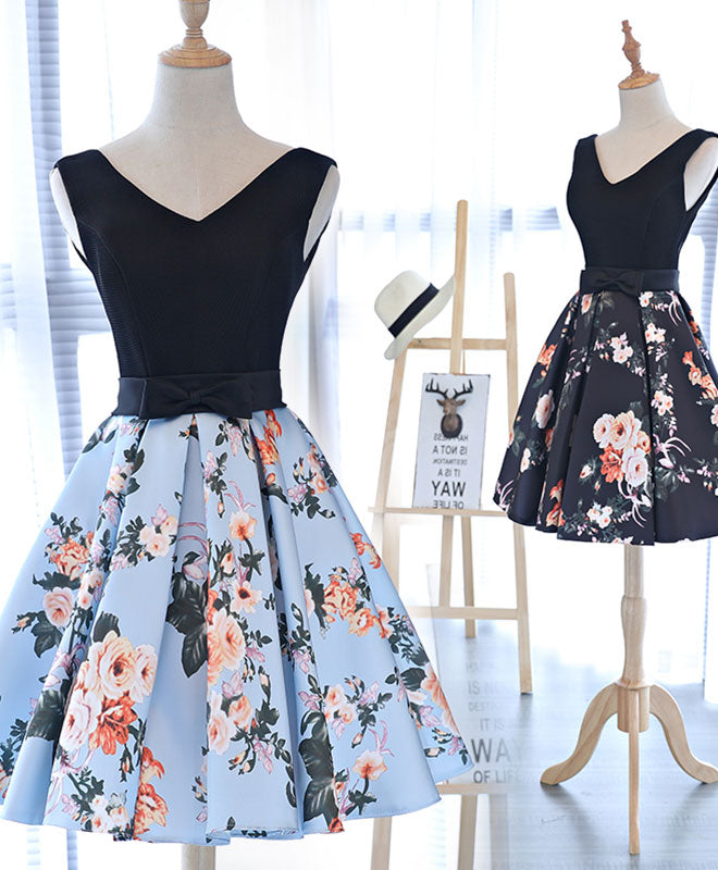 Cute V Neck Floral Pattern Short Prom Dress, Homecoming Dress US 14 / Black
