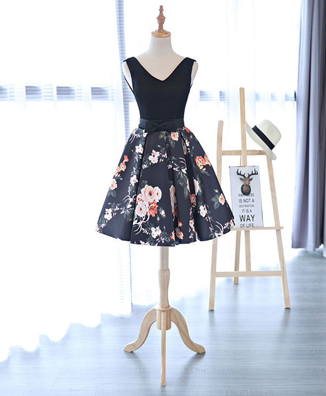 Cute V Neck Floral Pattern Short Prom Dress, Homecoming Dress
