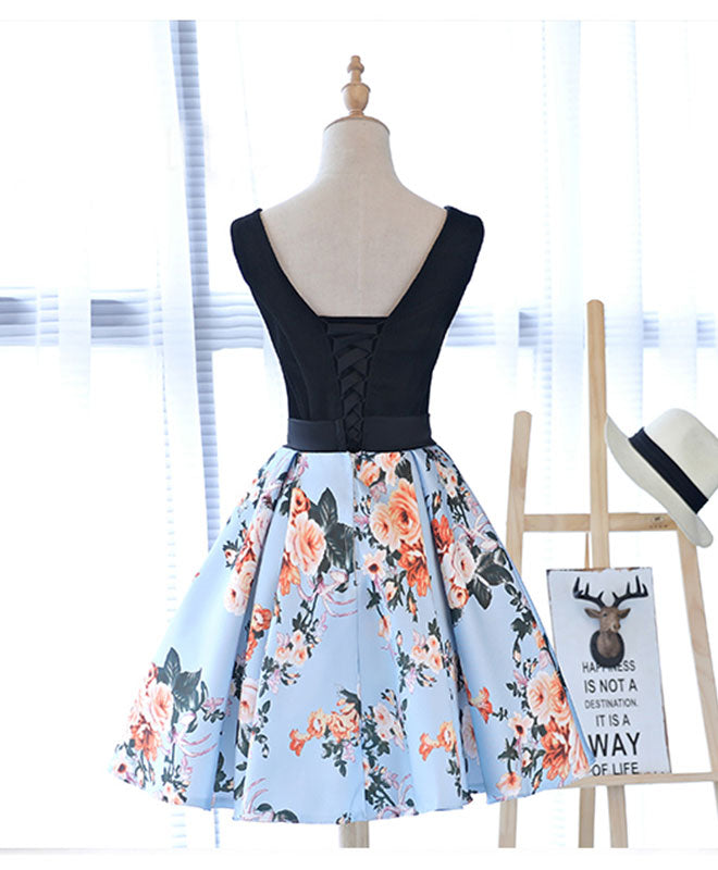 Cute V Neck Floral Pattern Short Prom Dress, Homecoming Dress