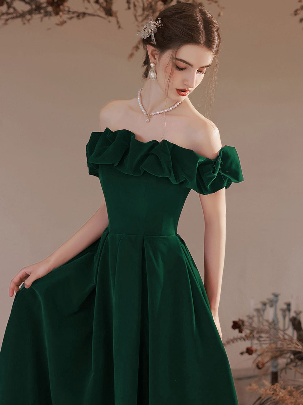 A-Line Off Shoulder Velvet Green Long Prom Dress, Green Formal Evening Dress