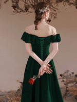 A-Line Off Shoulder Velvet Green Long Prom Dress