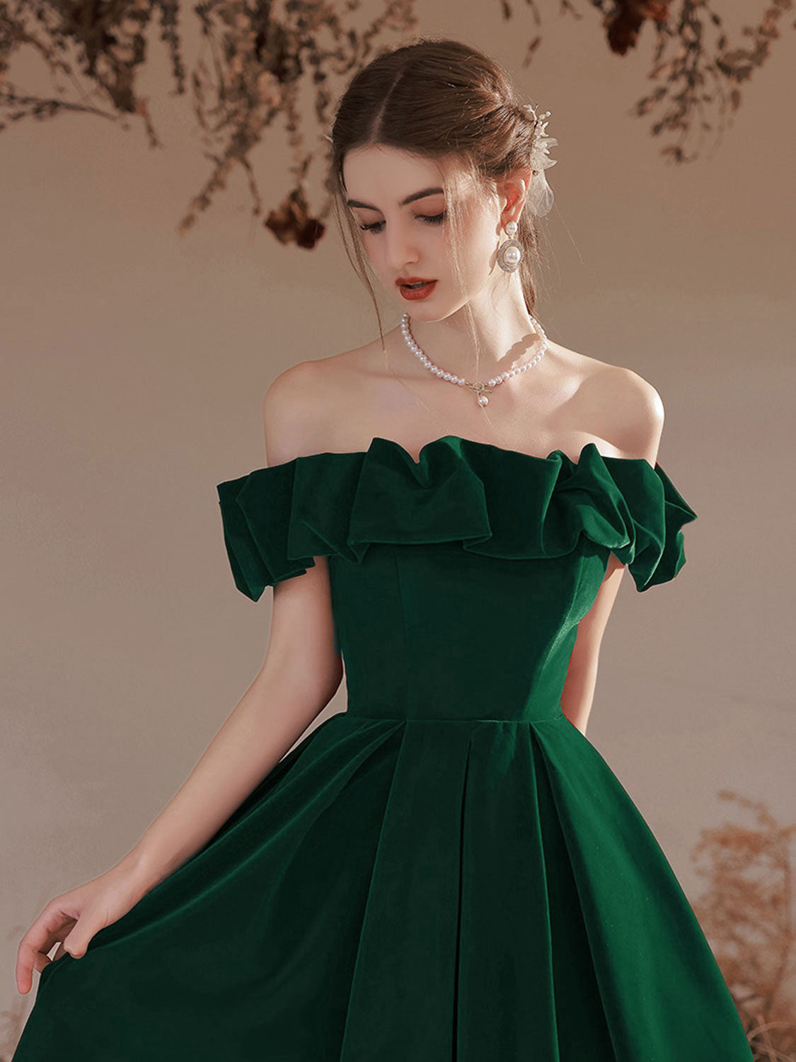 A-Line Off Shoulder Velvet Green Long Prom Dress, Green Formal