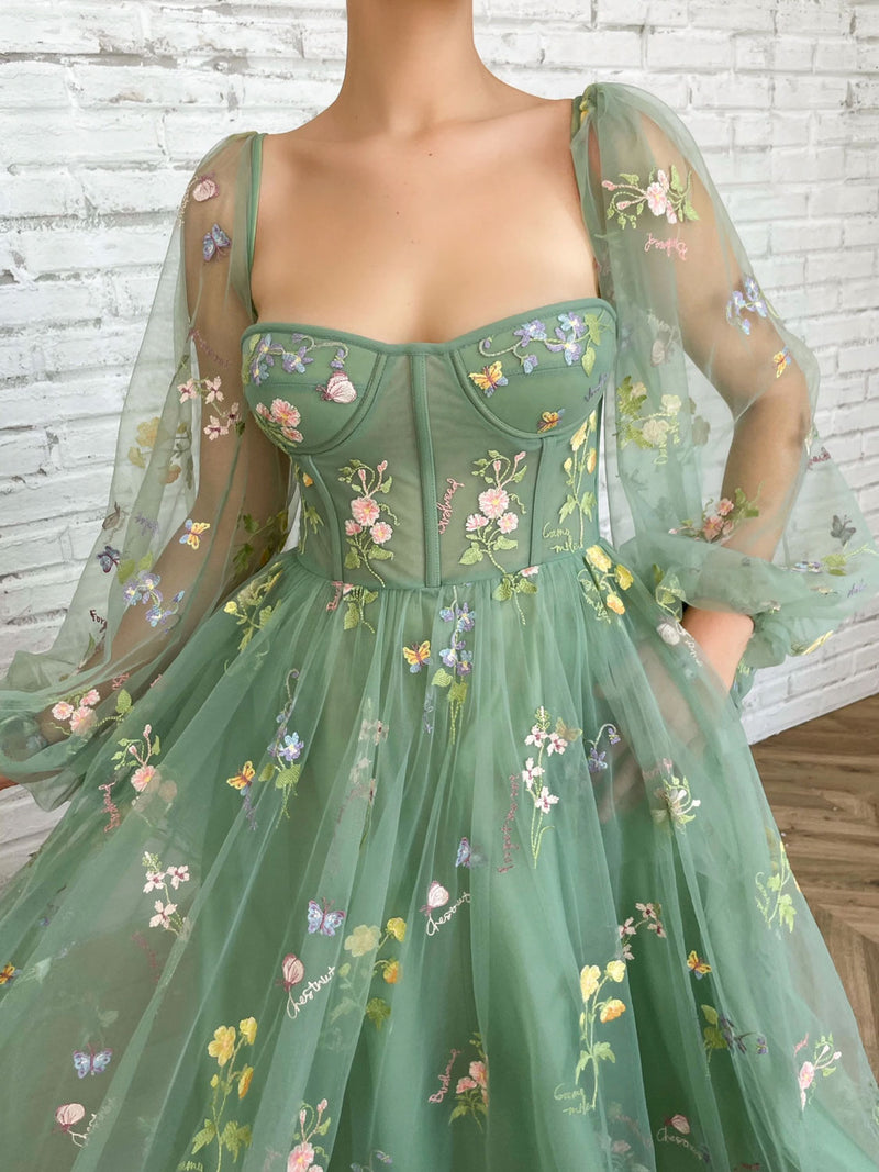 Elegant Long Sleeves Tulle Tea Length Puffy Green Prom Dress, Green Br shopluu Elegant Long Sleeves Tulle Tea Length Puffy Green Prom Dress, Green Br shopluu