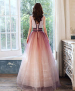 Burgundy V Neck Gradient Shiny Long Prom Dress, Burgundy Evening Dress