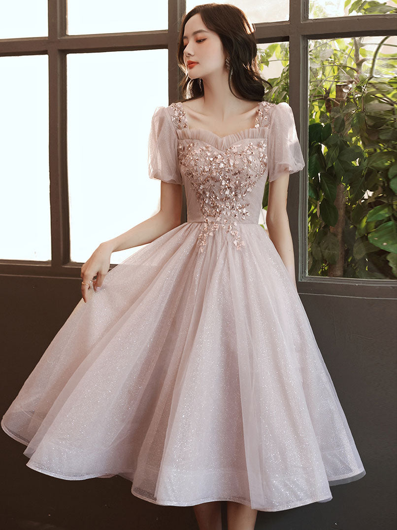 Pink tulle Lace Short Prom Dress, Pink Homecoming Dress