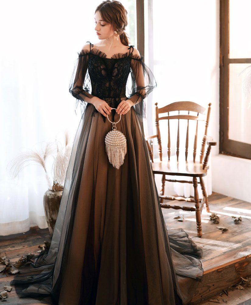 Black Tulle Lace Long Prom Dress Black Lace Evening Dress