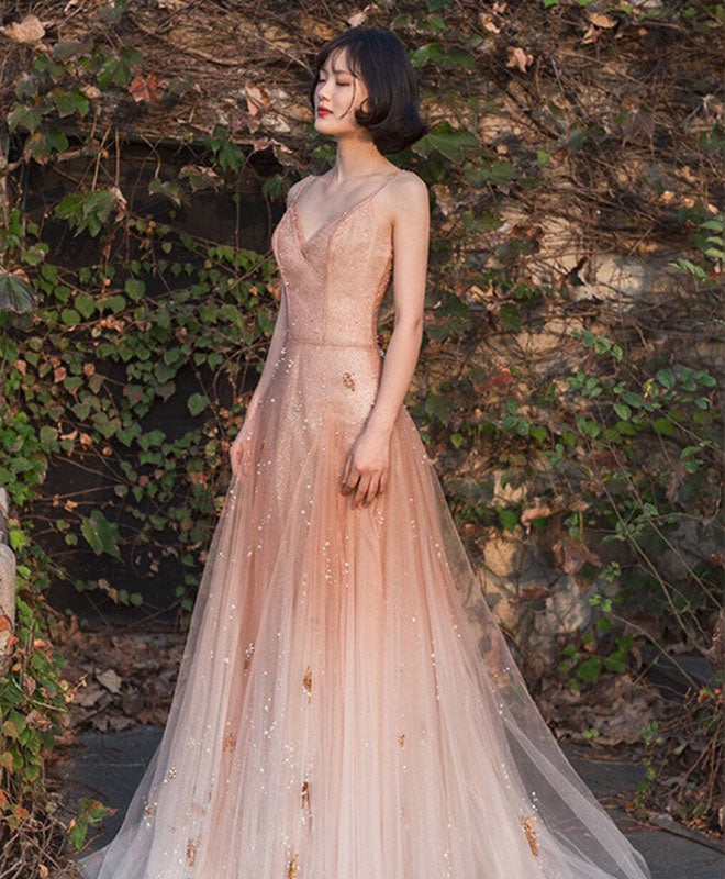 A-Line Pink Tulle Long Prom Dress, Tulle Pink Evening Dress