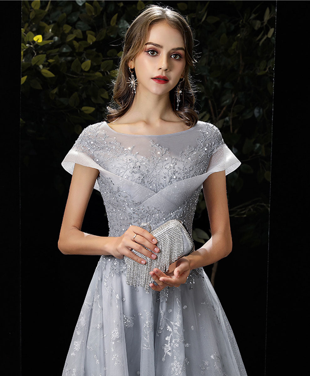 Gray Round Neck Tulle Lace Long Prom Dress Gray Tulle Formal Dress