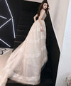Unique V Neck Tulle Lace Long Prom Dress Tulle Lace Formal Dress