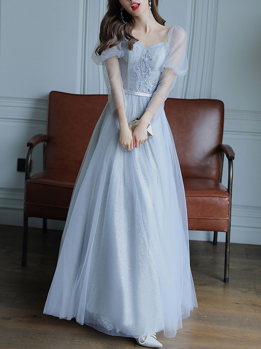 Simple Light Blue Tulle Lace Long Prom Dress, Lace Long Bridesmaid Dress