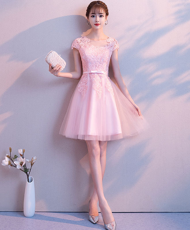 Pink Round Neck Tulle Lace Short Prom Dress Pink Homecoming Dress