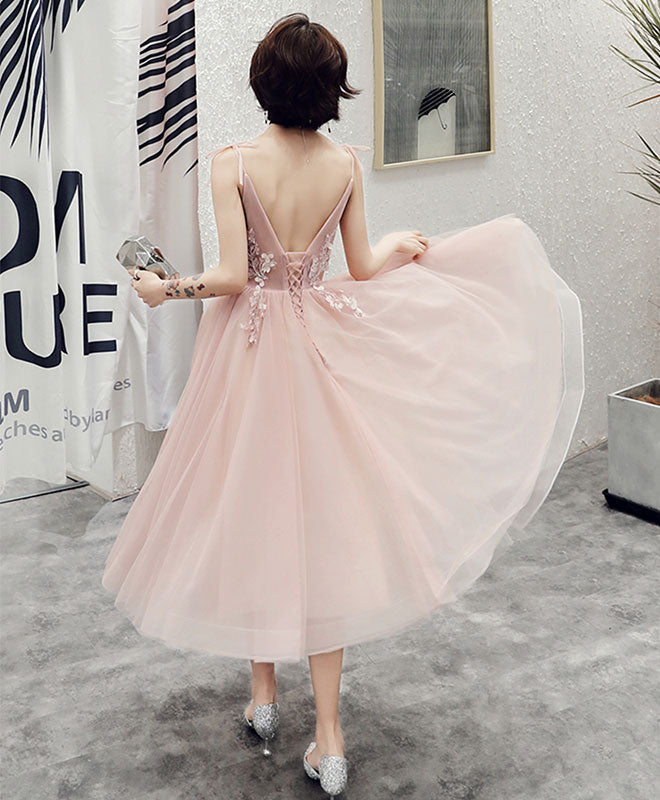 Simple Pink V Neck Tulle Short Prom Dress, Pink Homecoming Dress