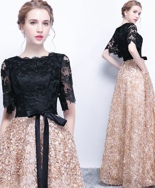 A-Line Black Lace Long Prom Dress, Lace Evening Dress