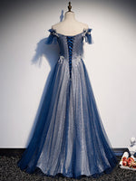 Blue Tulle Lace Long Prom Dress, Blue Tulle Lace Bridesmaid Dress